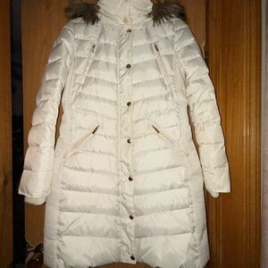 EUC Women's Michael Kors Ivory Puffer Parka Coat Size M Medium Designer Fur Hood